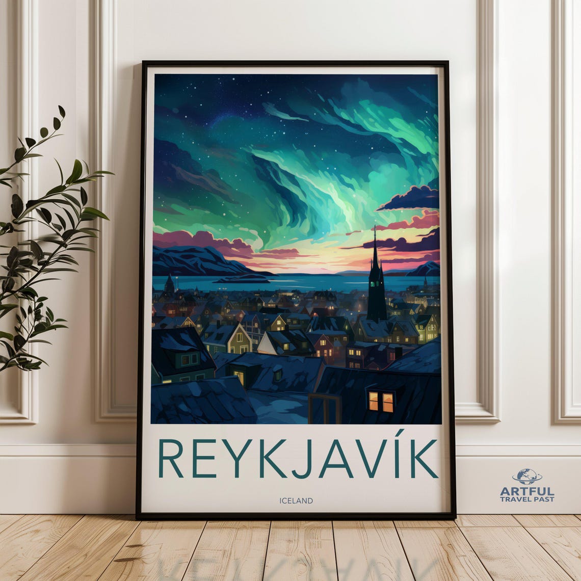 Reykjavik Iceland Northern Lights Aurora Night Sky Travel Poster