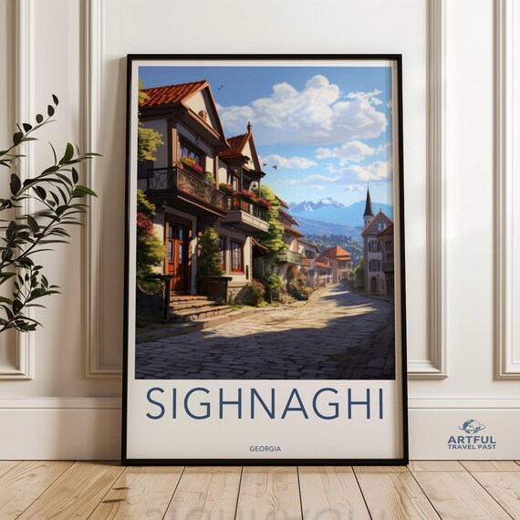 Sighnaghi Georgia Cobblestone Street Travel Poster Old Town Houses