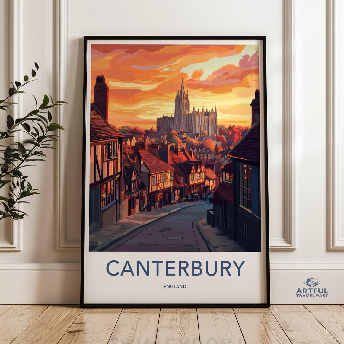 Canterbury England Cathedral at Sunset Over Historic Old Street Poster