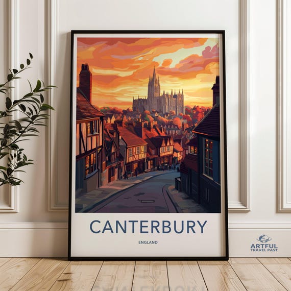 Canterbury Wall Art Print England Travel Poster Vintage Style Artwork Cityscape Decor Historic Architecture Home