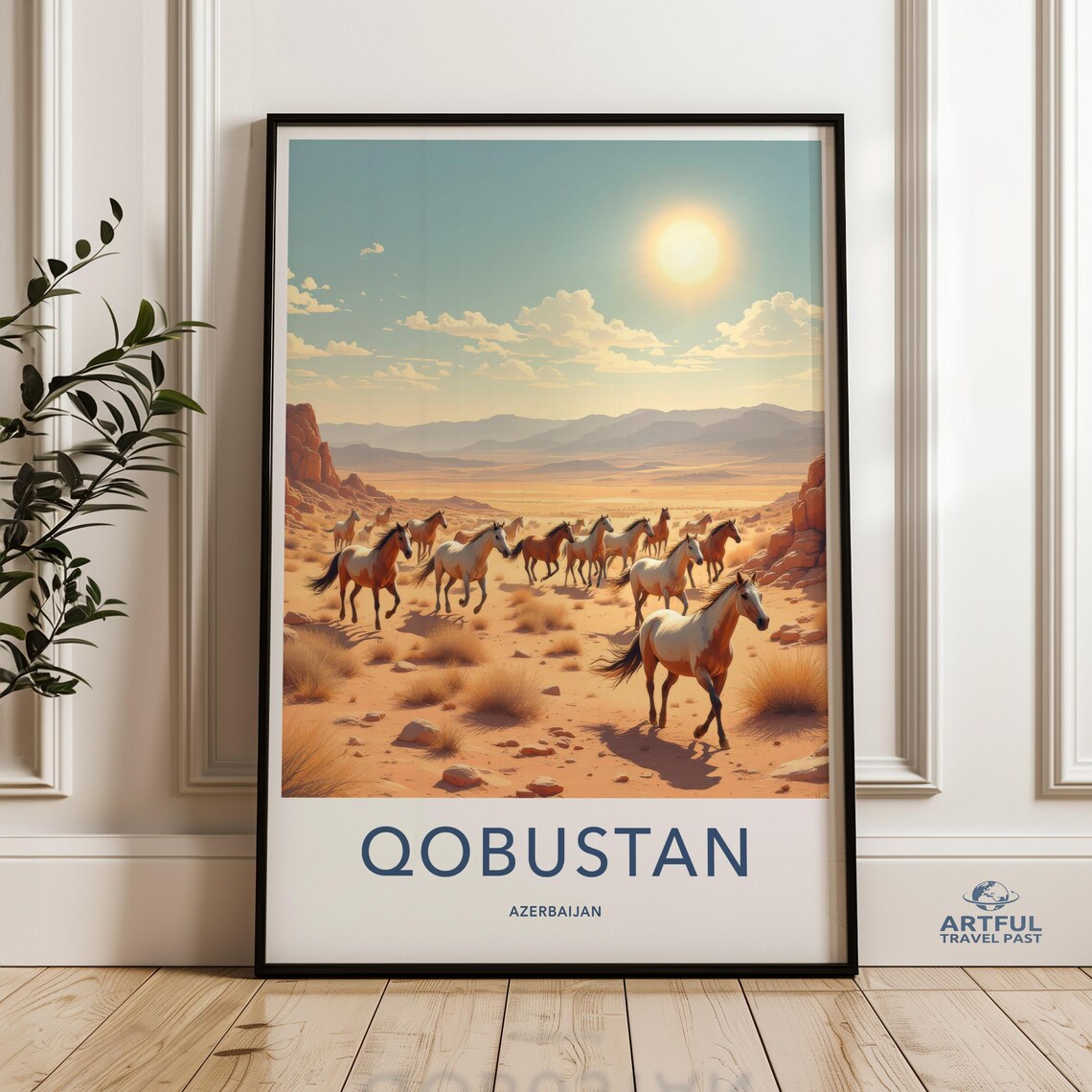 Qobustan Azerbaijan Wild Horses in Desert Canyon Travel Poster