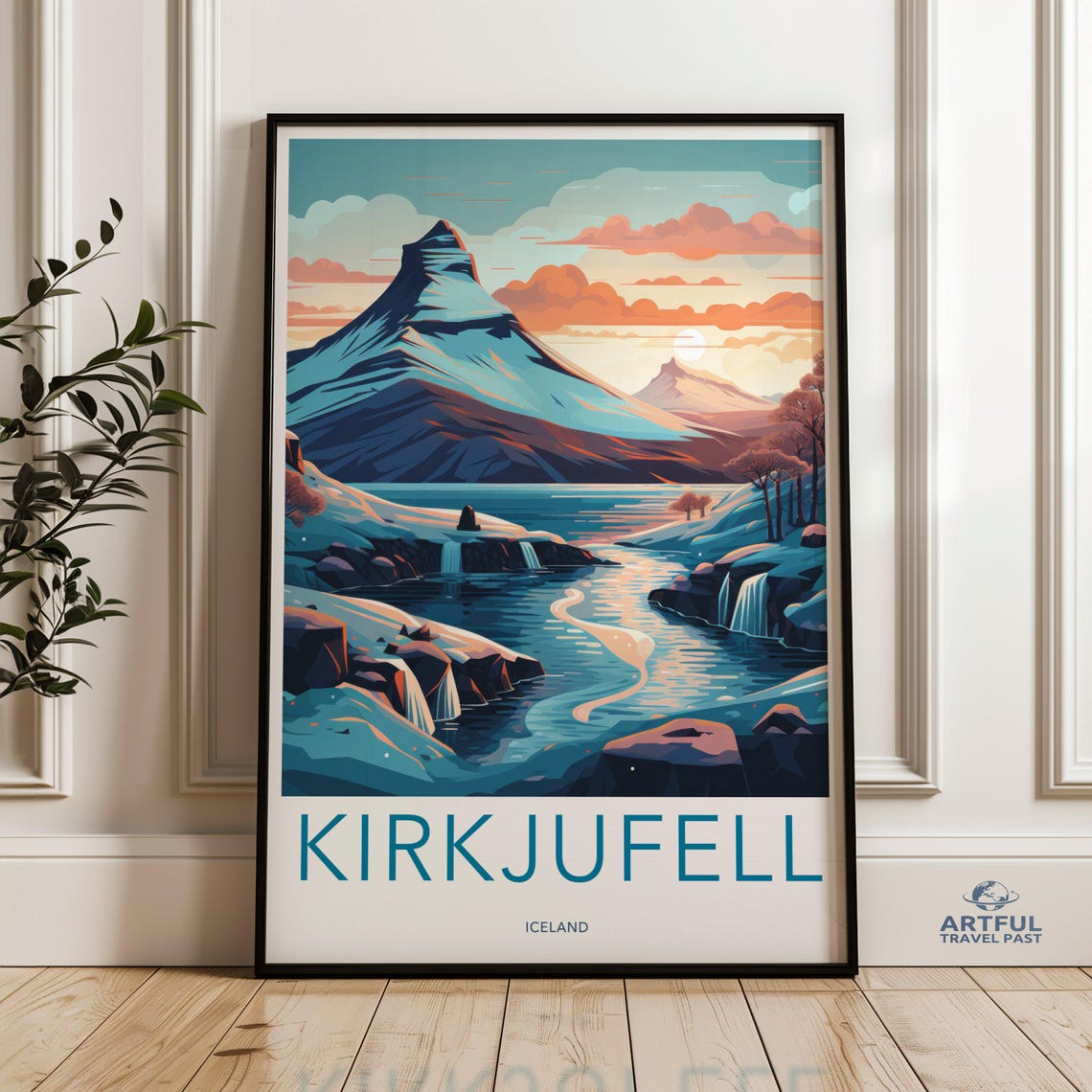 Kirkjufell Iceland Snowy Mountain Waterfalls Sunset Travel Poster
