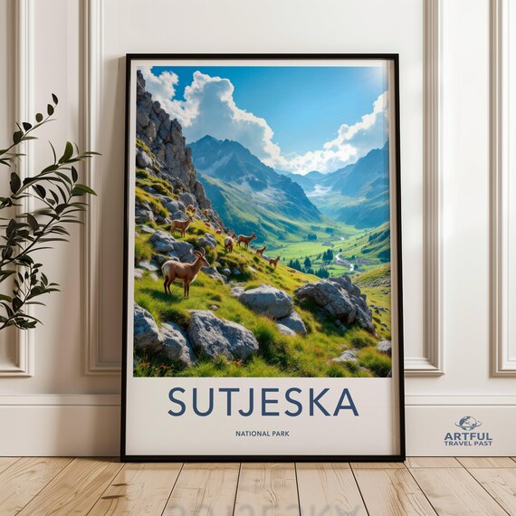 Sutjeska National Park Travel Poster Mountain Goats Alpine Valley Art