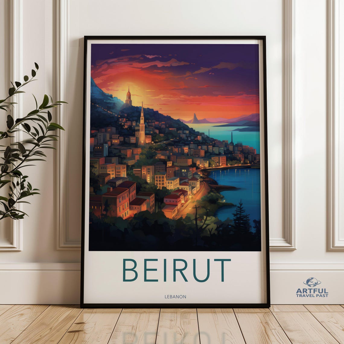 Beirut Lebanon Sunset Hillside Cityscape Coastal Travel Poster