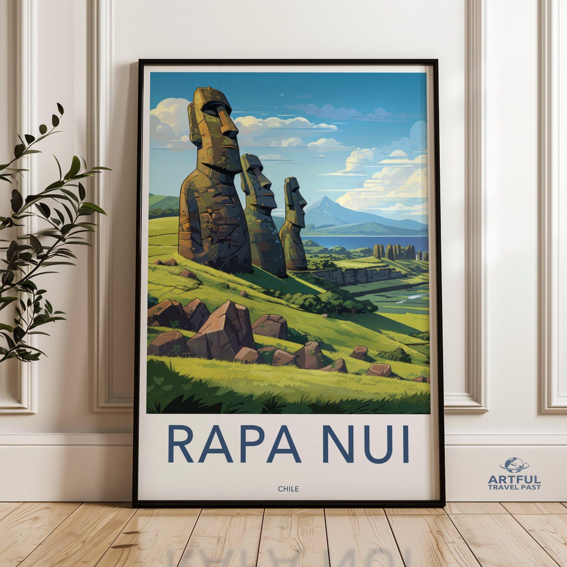 Rapa Nui Chile Moai Statues Grassy Hillside Scenic Colorful Travel Poster