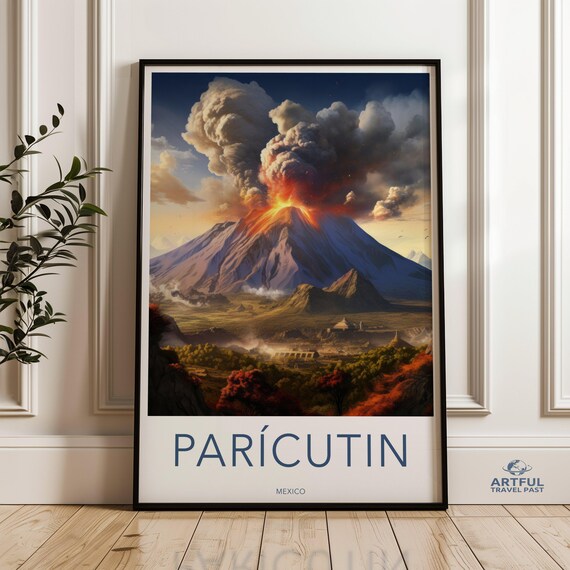 Paricutin Mexico Erupting Volcano Ash Cloud Dramatic Travel Poster