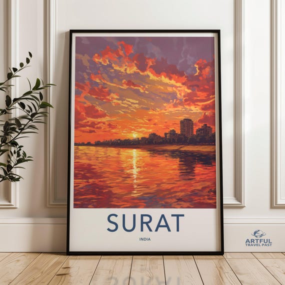 Surat India Sunset Wall Art City Skyline Print Coastal Decor Vibrant Poster Modern Cityscape Urban Landscape