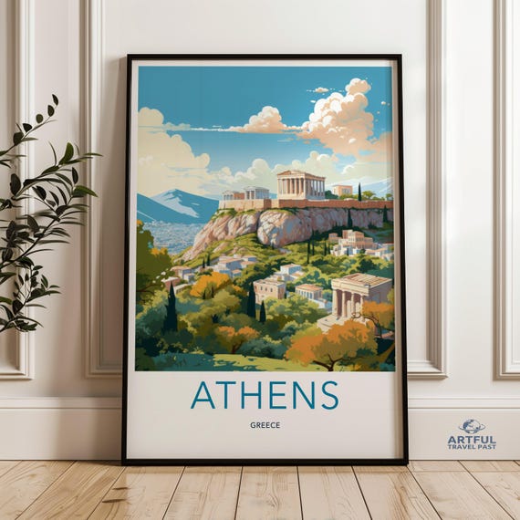 Athens Greece Cityscape Wall Art Travel Poster For Living Room Or Office Decor Greek Architecture Illustration