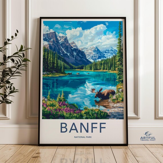 Banff National Park Moose Alpine Lake Wildlife Travel Poster