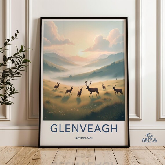 Glenveagh National Park Ireland Deer Sunrise Misty Travel Poster