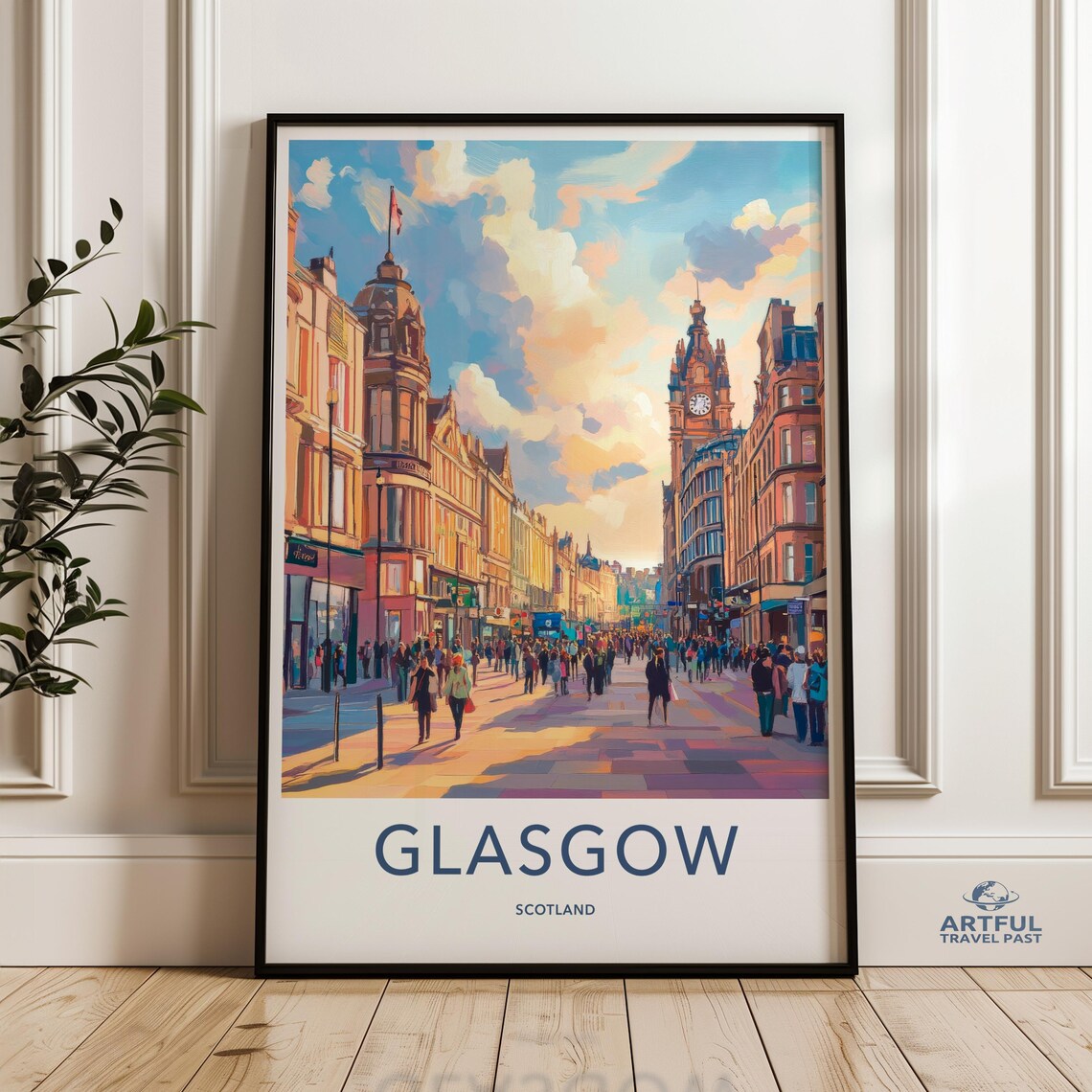 Glasgow Scotland Historic Shopping Street Clock Tower Travel Poster