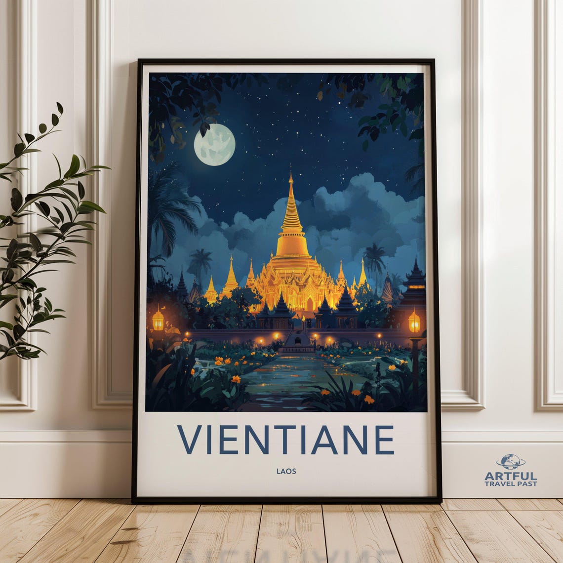 Vientiane Laos Nighttime Golden Temple Moonlit Stupa Art Poster
