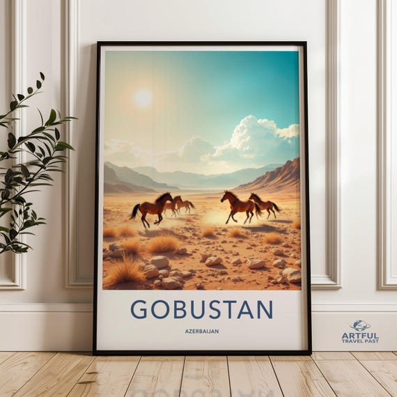 Wild Horses In Gobustan Wall Art Landscape Print Azerbaijani Nature Decor Desert Pastel Poster Sunset Scenery