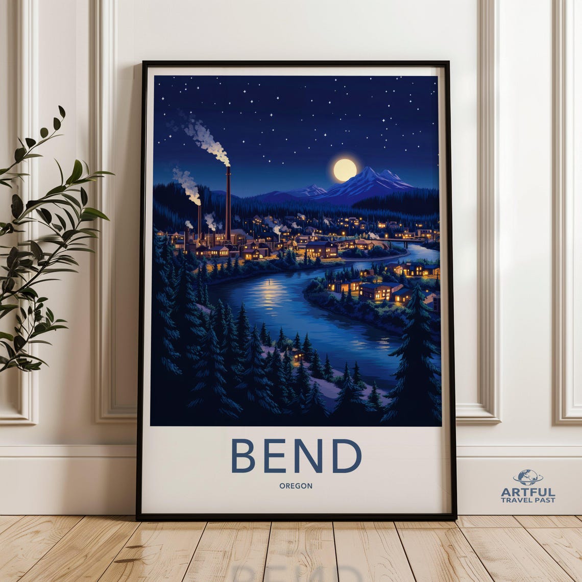 Bend Oregon Moonlit Night Town River Pines Mountain Travel Poster