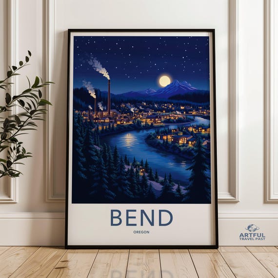 Bend Oregon Night Scene Wall Art Cityscape Print Moonlit Town With River Starry Poster Mountain Decor Artwork For Home
