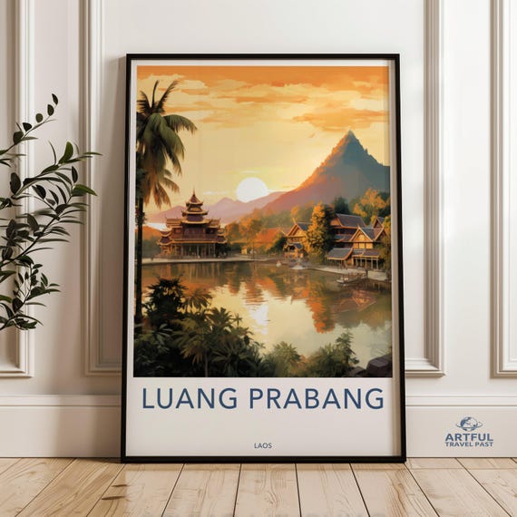 Luang Prabang Wall Art Print Laos Travel Poster Vintage Decor Southeast Asia Artwork Scenic Sunset Illustration Cultural