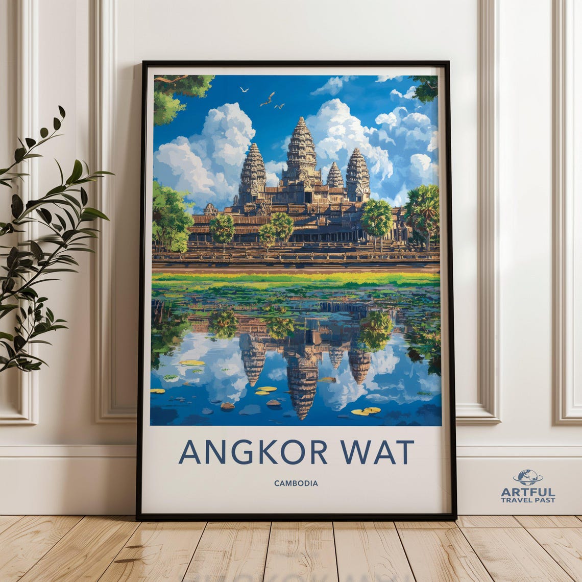 Angkor Wat Cambodia Temple with Moat Reflection Travel Poster