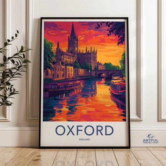 Oxford Poster Wall Art England Sunset Cityscape Vibrant Canal Boats British Architecture Decor Colorful City Print