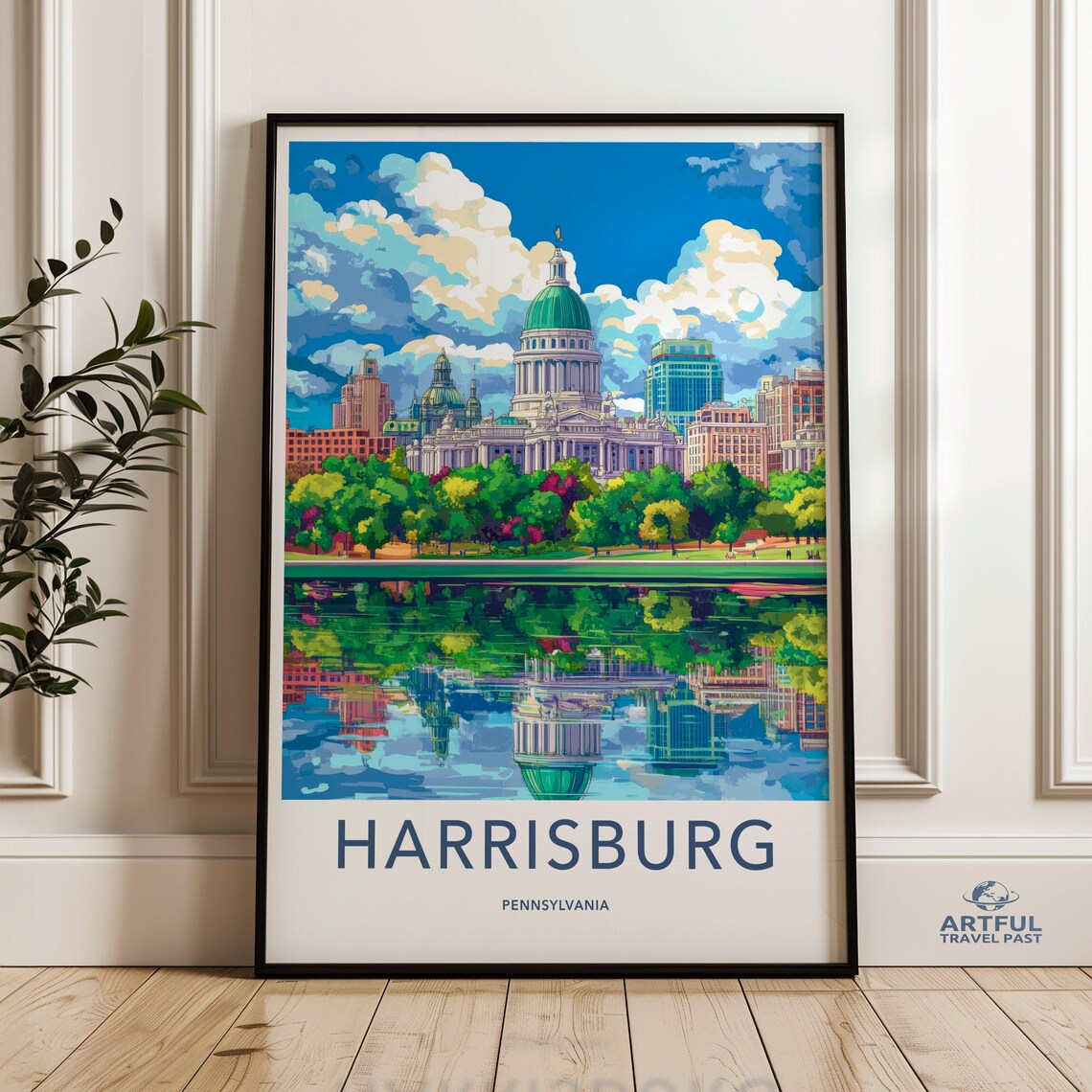 Harrisburg Pennsylvania Capitol Skyline River Reflection Travel Poster