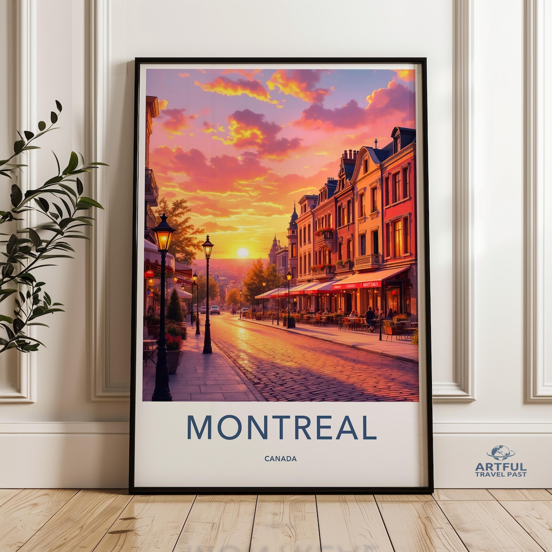 Montreal Canada Old Street At Dusk With Lit Lampposts Poster