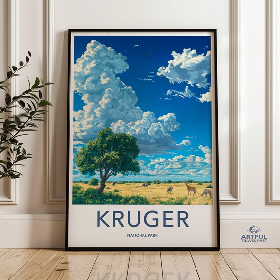 Kruger National Park Safari Giraffe Elephant Zebra Travel Poster