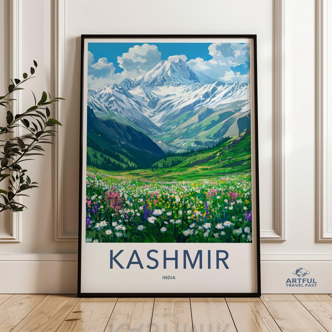 Kashmir India Snowy Mountain Wildflower Meadow Travel Art Poster
