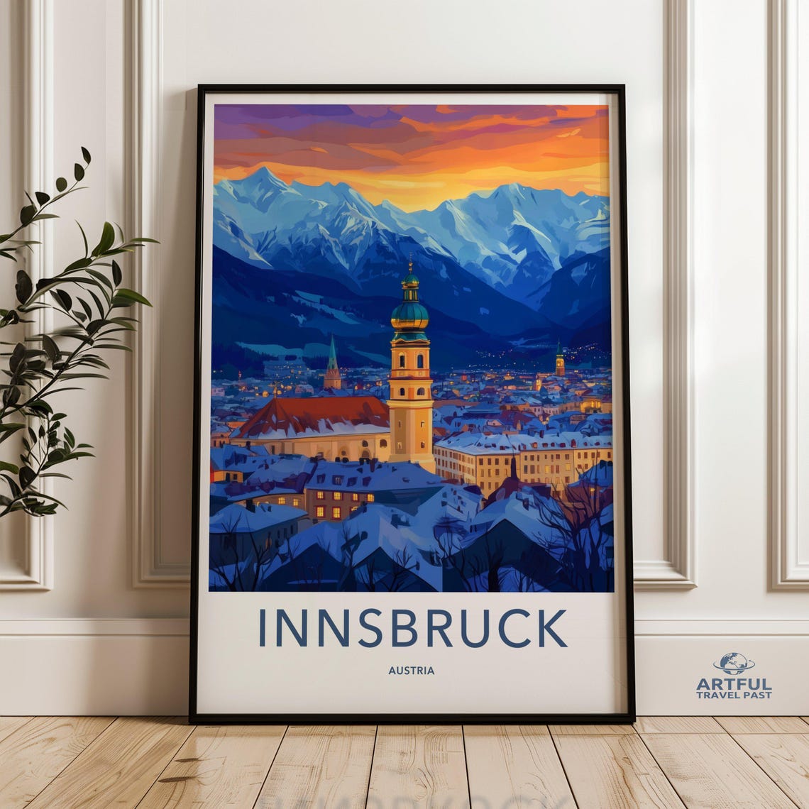 Innsbruck Austria Snowy Alps Church Tower Sunset Cityscape Art Poster