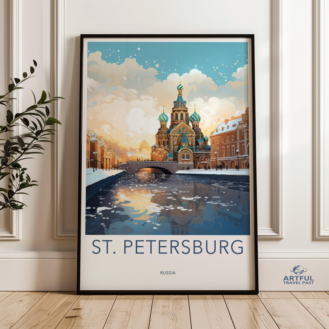 St Petersburg Russia Golden Winter Canal Vintage Travel Poster