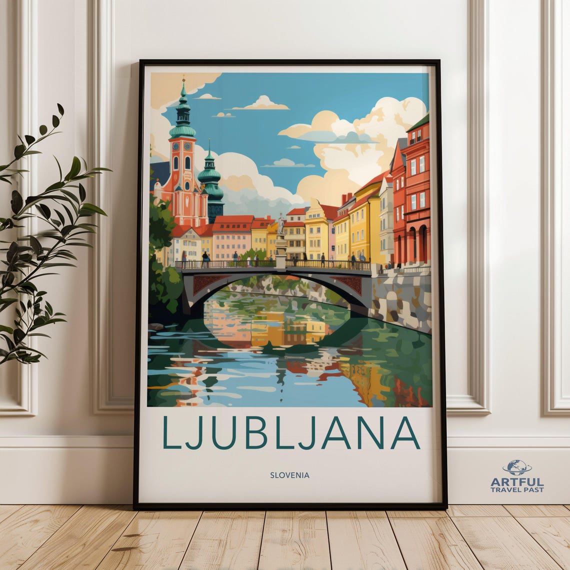 Ljubljana Slovenia Old Town Bridge River Vintage Travel Poster