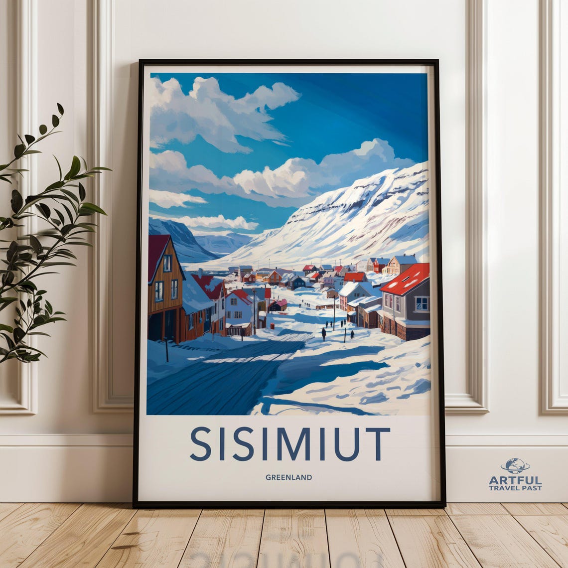 Sisimiut Greenland Travel Poster Snowy Arctic Town Winter Street