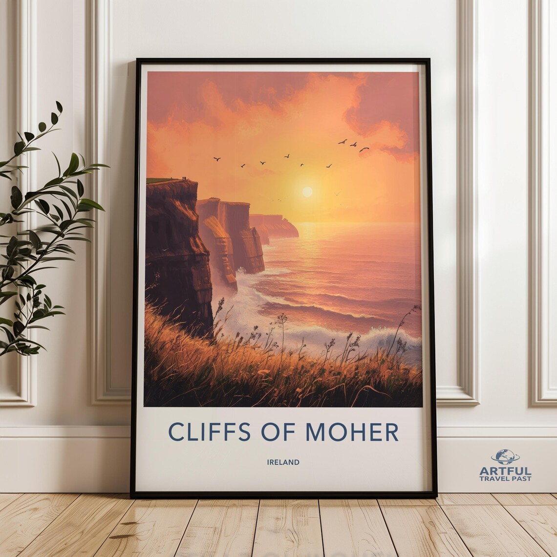 Cliffs of Moher Ireland Sunset Seascape Birds Coastal Travel Poster