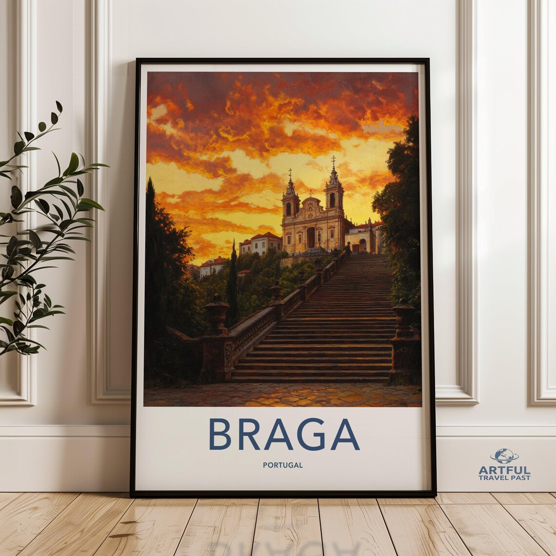Braga Portugal Sunset Church Grand Staircase Vintage Travel Poster