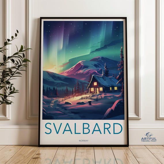 Svalbard Norway Snowy Cabin Under Aurora Borealis Winter Night Poster