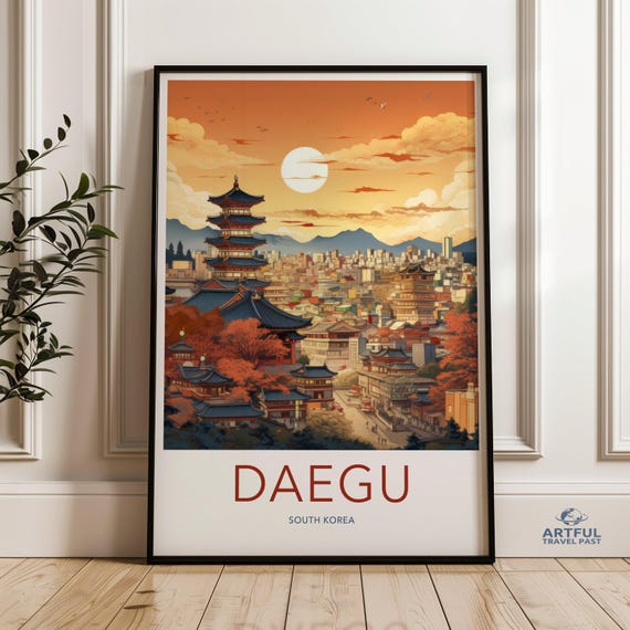 Colorful Daegu South Korea Wall Art Print Cityscape Illustration Asian City Sunset Scene Home Decor Modern Urban Artwork