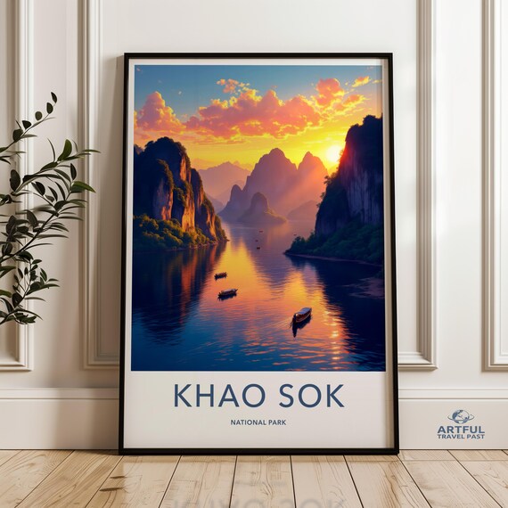 Khao Sok National Park Sunset Karst Cliffs River Boats Travel Poster