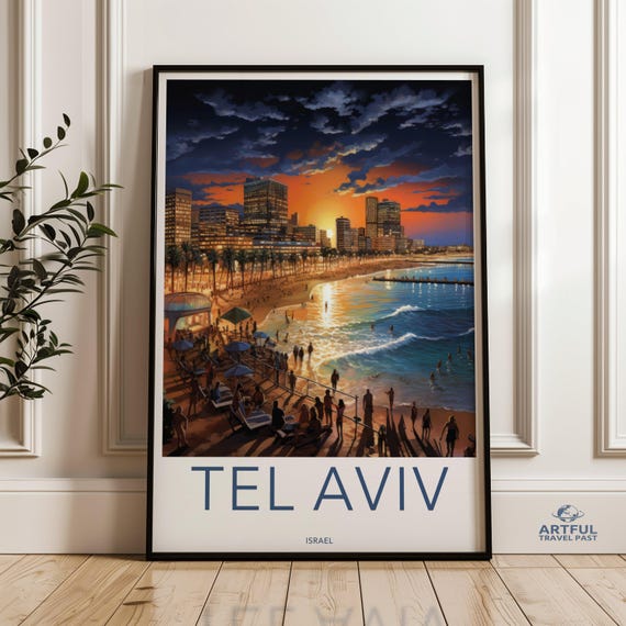 Tel Aviv Wall Art Print Vintage Travel Poster Cityscape Artwork Israel Coastal Decor Sunset Beach Scene Modern Home