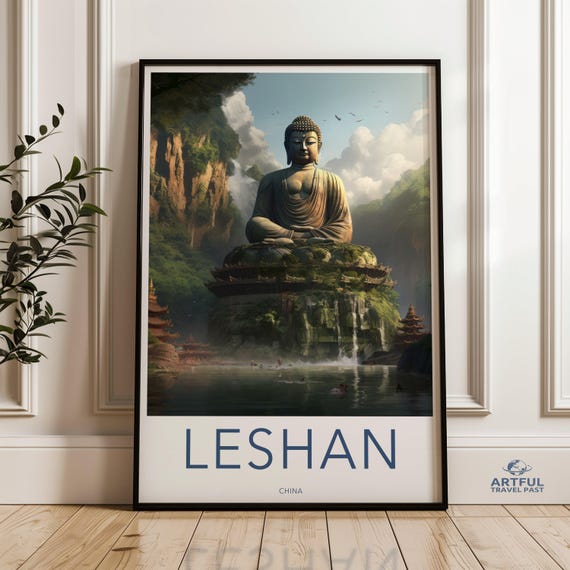 Leshan Wall Art Print Tranquil Buddha Scenic Poster Serene Chinese Landmark Decor Large Zen Buddhist Statue Picture