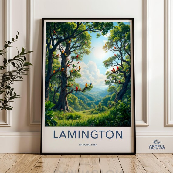Lamington National Park Travel Poster Colorful Parrots Forest Art