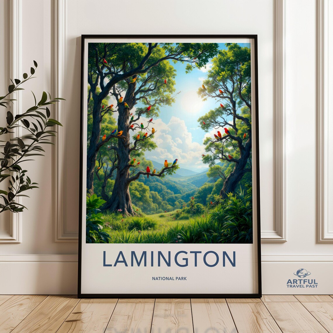 Lamington National Park Travel Poster Colorful Parrots Forest Art