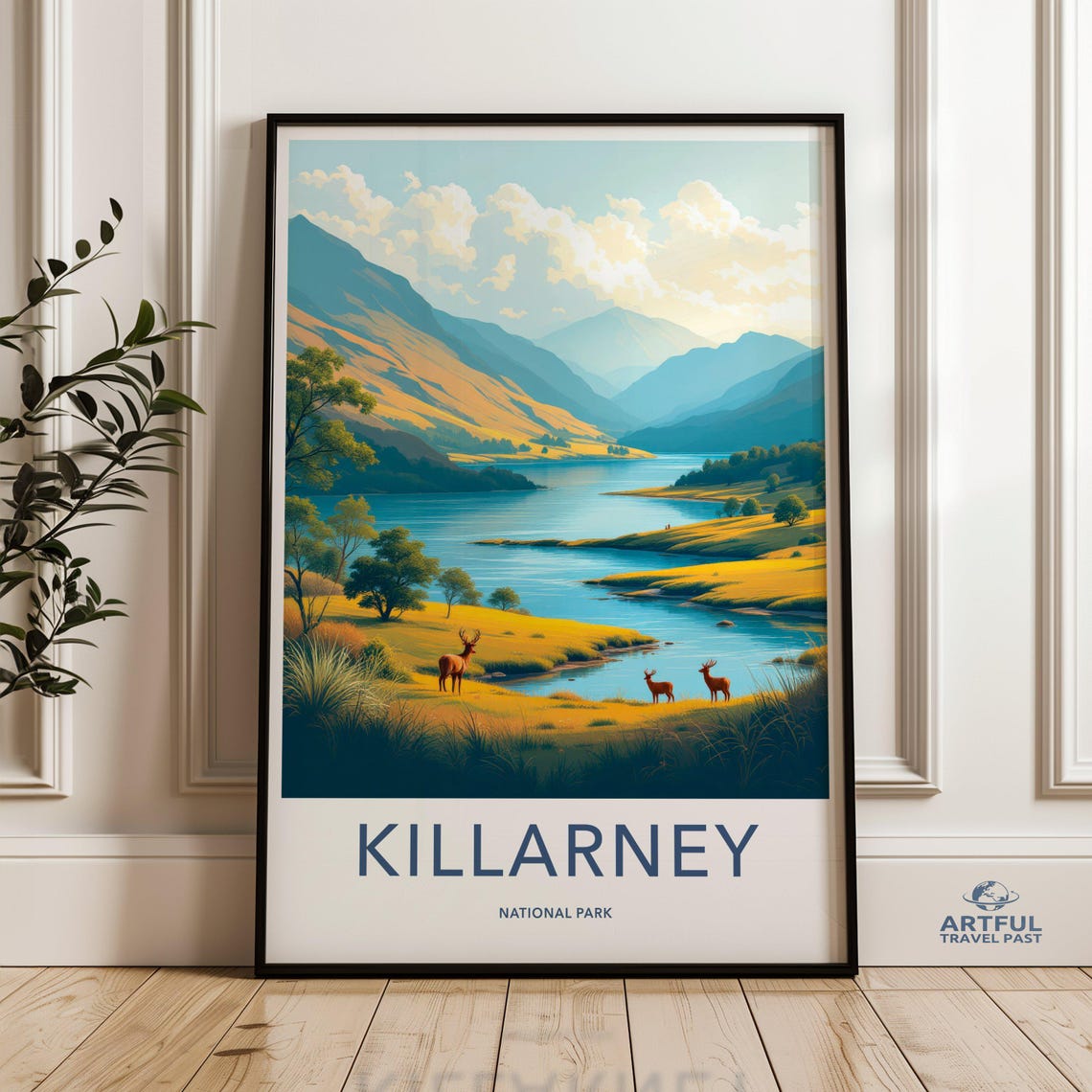 Killarney National Park Ireland Lake Deer Mountain Travel Poster
