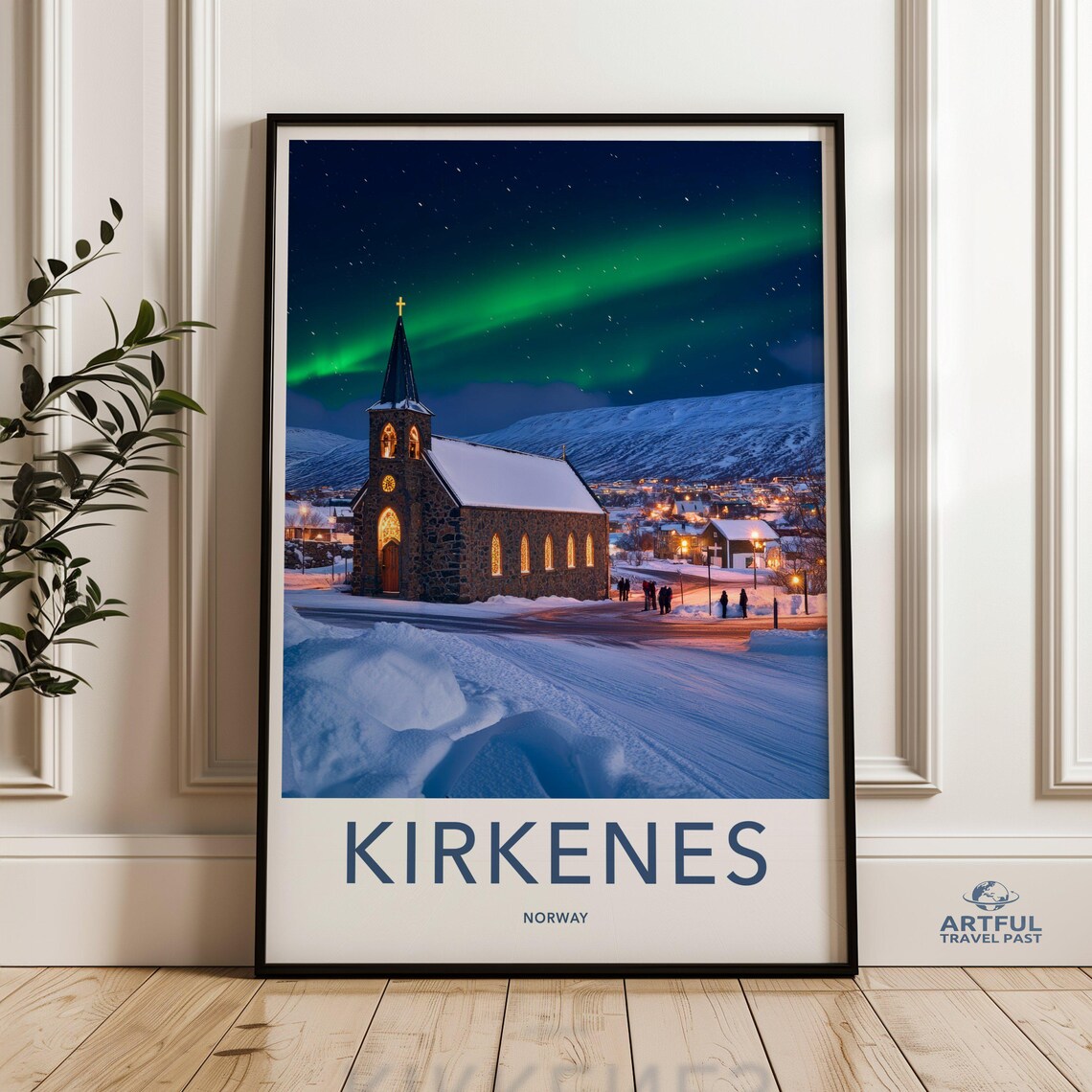 Kirkenes Norway Northern Lights Church Winter Night Sky Art Poster