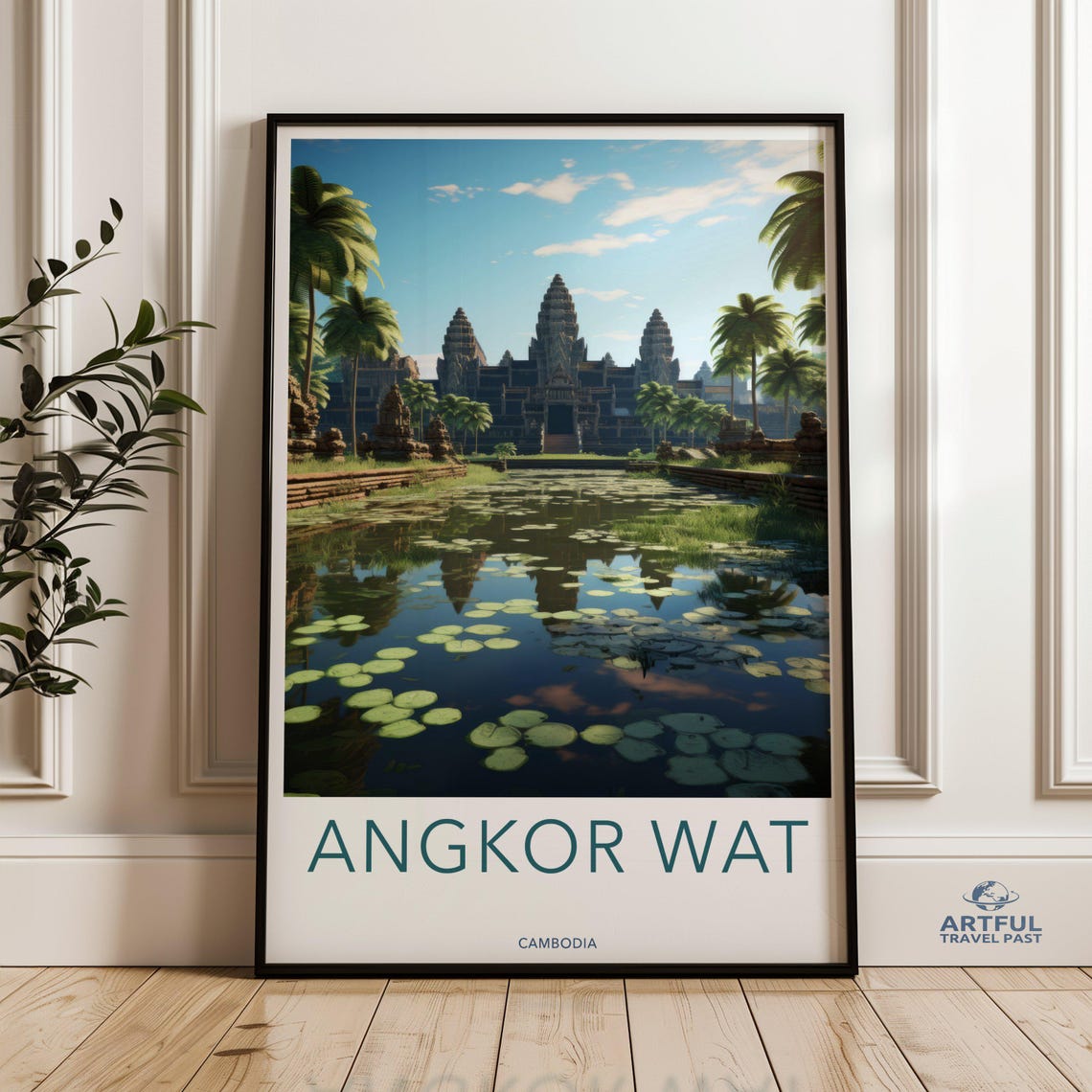 Angkor Wat Cambodia Temple Reflection Lotus Pond Travel Poster