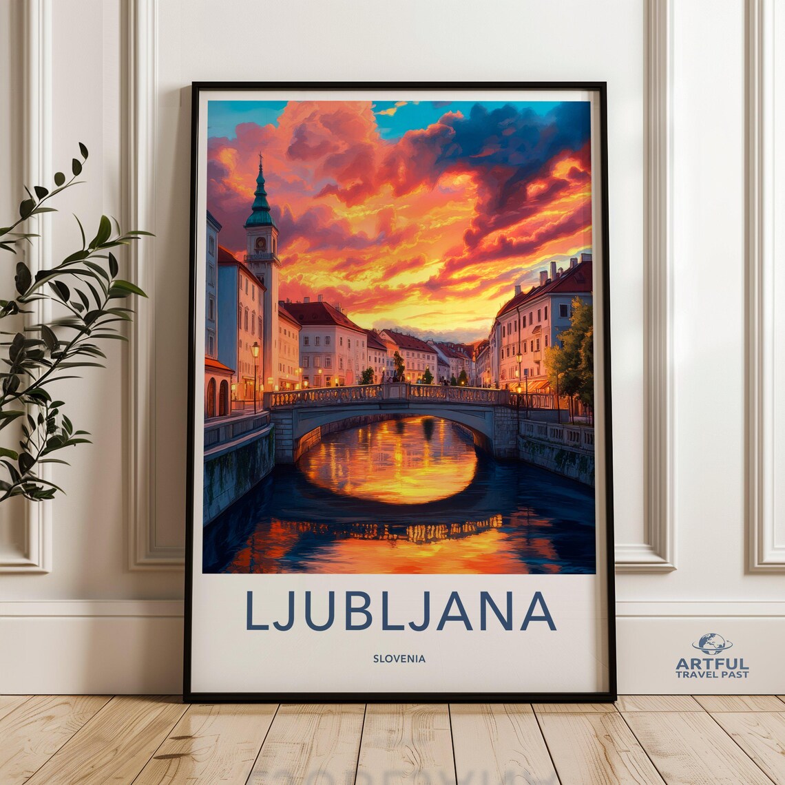 Ljubljana Slovenia Travel Poster Sunset River Bridge Cityscape Art