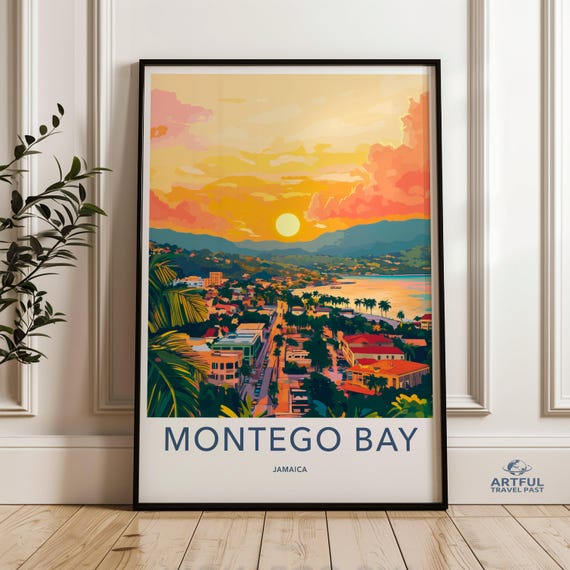 Montego Bay Jamaica Sunset Wall Art Scenic Coastal Decor Print Vibrant Cityscape Artwork Colorful Tropical Poster For Home