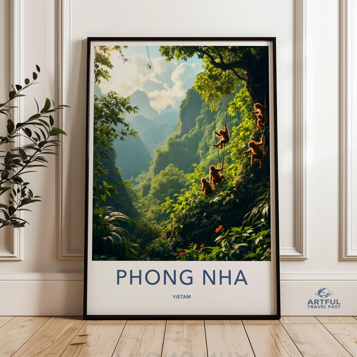 Phong Nha Vietnam Jungle Cliffs Monkeys Vintage Travel Poster