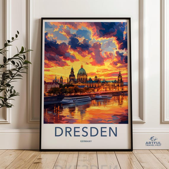 Dresden Cityscape Print Germany Skyline Wall Art Vibrant Sunset Poster Historic Architecture Artwork European Travel Decor