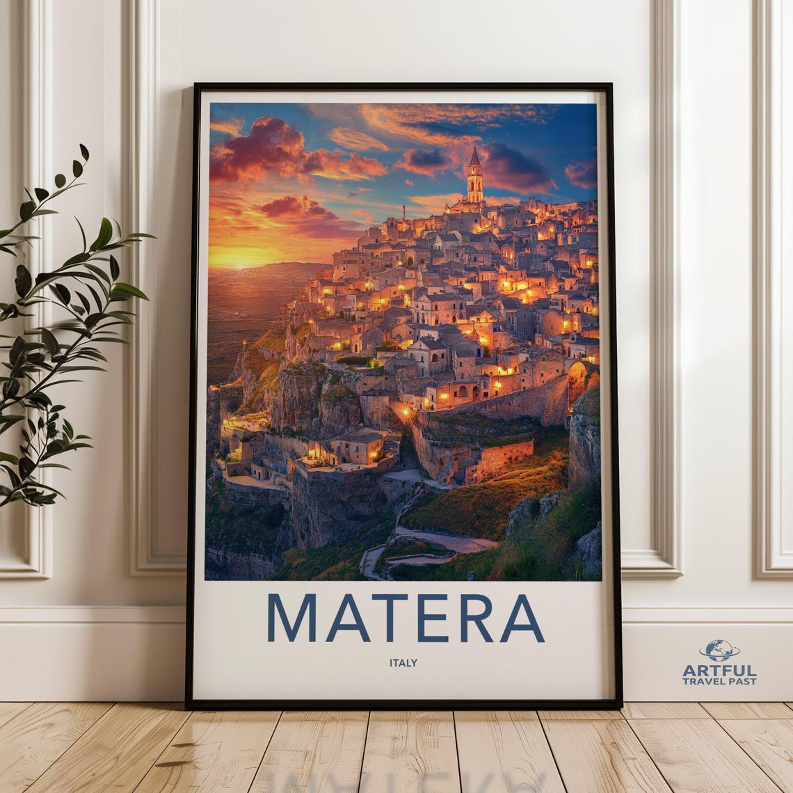 Matera Italy Sunset Ancient Sassi Cave City Nightscape Travel Poster