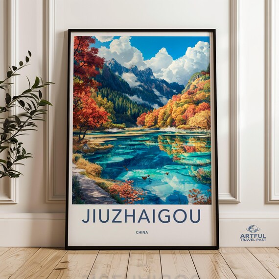 Jiuzhaigou China Turquoise Autumn Lakes Mountain Vintage Travel Poster