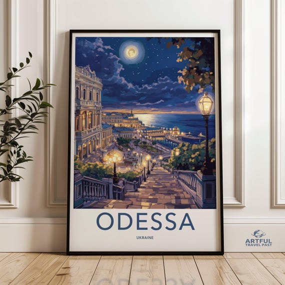Odessa Ukraine Night Scene Wall Art Cityscape Illustration Print Scenic Coastal View Moonlit Urban Street Decor