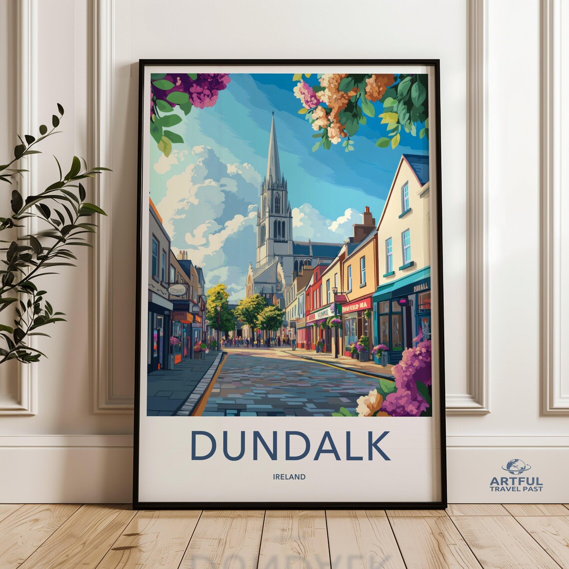 Dundalk Ireland Street Church Spire Vintage Travel Art Poster